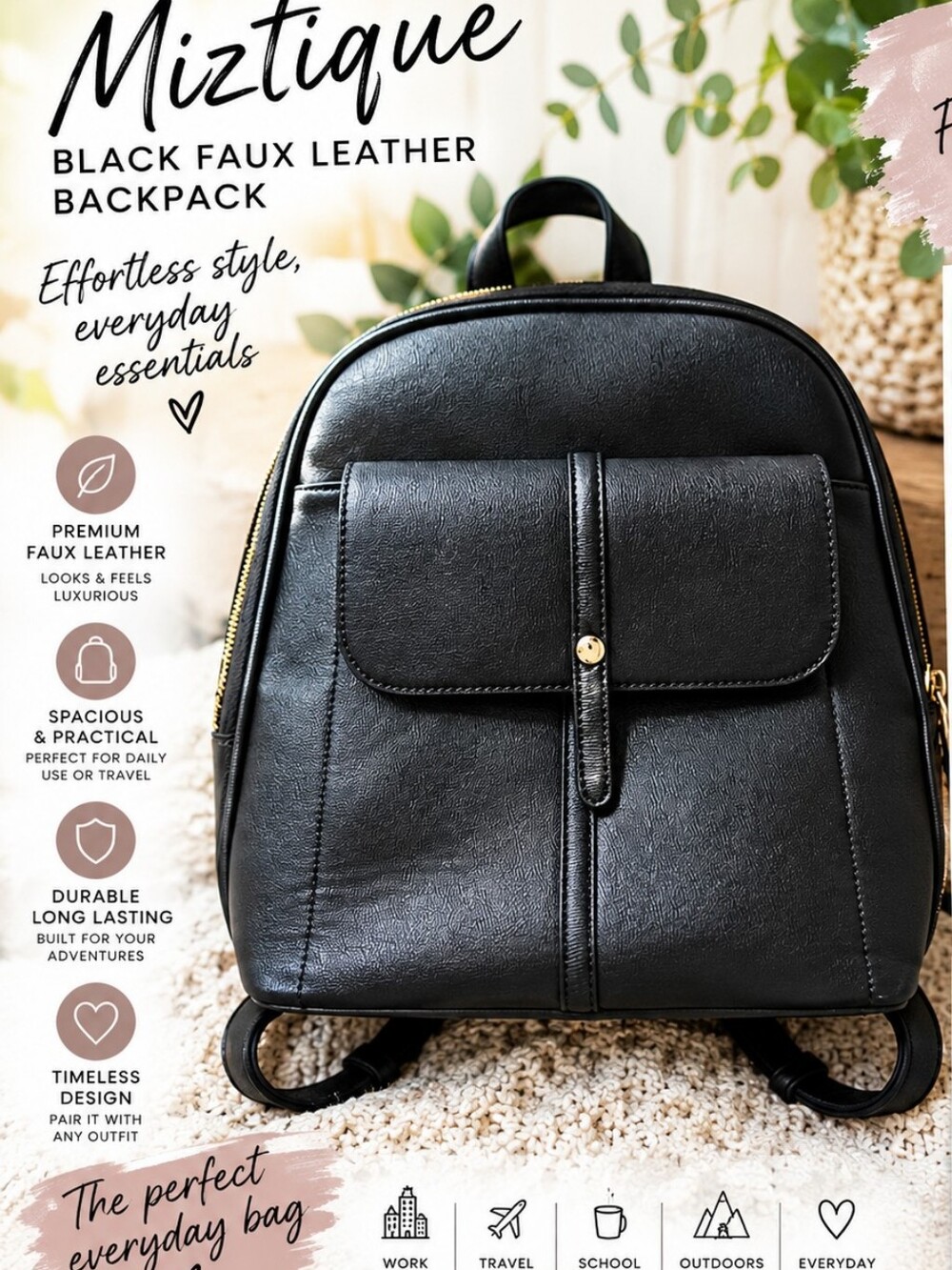 Miztique Black Faux Leather Backpack with Front Flap Pocket